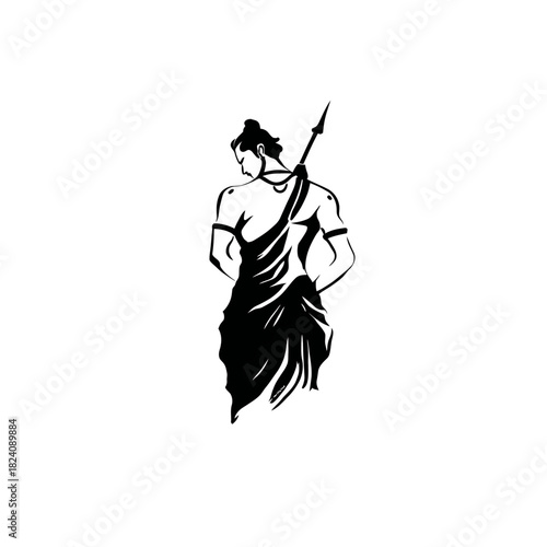 Silhouette of a warrior with a spear on white background in vector