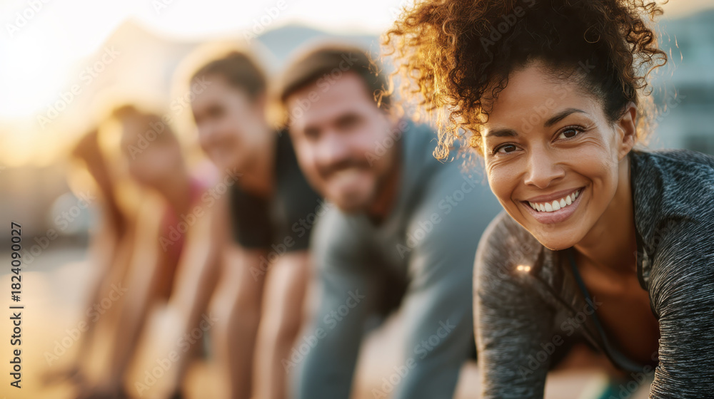 custom made wallpaper toronto digitalGroup of diverse people smiling and stretching outdoors during fitness session, with focus on woman in foreground. sun is setting, creating warm, energetic atmosphere