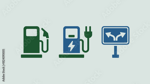 Illustration showing gas station, electric vehicle charging station, and road direction signpost