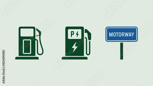 An illustration of a gas station, electric charging station, and a motorway road sign in green and blue