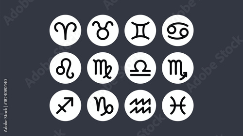 A set of twelve zodiac symbols displayed in white circles on a dark gray background in a square format