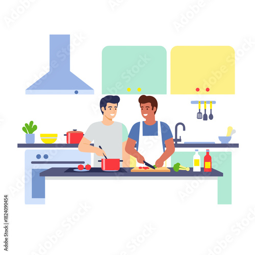 Gay couple cooking dinner together in a colorful modern kitchen  