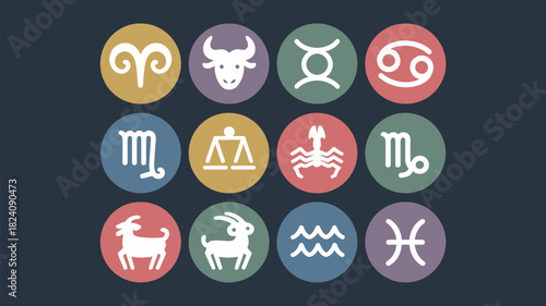 Twelve astrological signs arranged in a rectangular grid with different color circle backgrounds