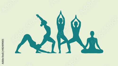 Silhouettes of people in various yoga poses against a light background in a teal color scheme style