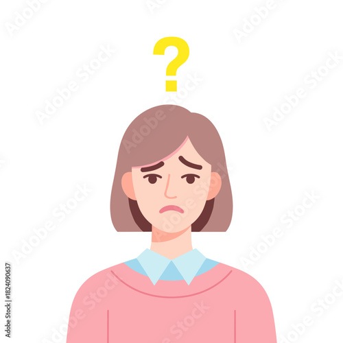 Confused young woman expressing uncertainty with question mark above  