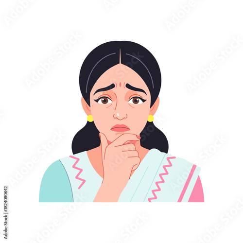 Anxious South Asian woman with thoughtful expression in traditional attire  