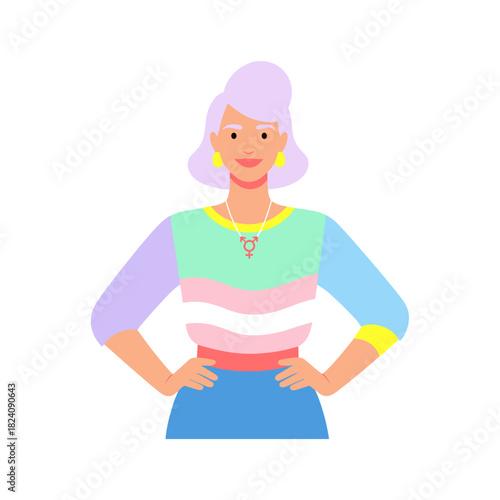 Confident trans woman standing with hands on hips in colorful outfit  