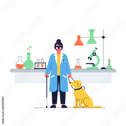 Blind scientist in lab with guide dog standing by experiment equipment  