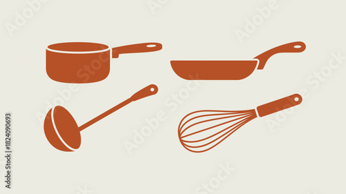 A simple illustration of kitchen utensils including a pot, pan, ladle, and whisk on a plain background