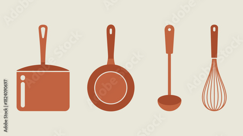 Illustration of four kitchen utensils including a pot a pan a ladle and a whisk on a light background