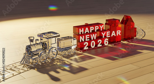 A metallic toy train pulls red building blocks spelling 'HAPPY NEW YEAR 2026' beside festive houses, capturing holiday cheer, family warmth, and nostalgic celebration in a bright, staged scene.