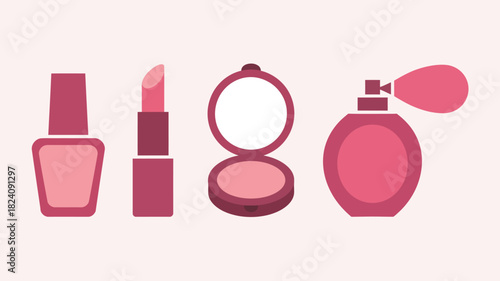 Illustration of pink nail polish, lipstick, compact mirror, and perfume bottle on a light pink background