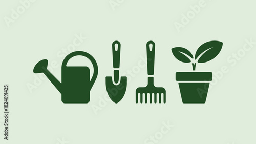 A green illustration of gardening tools including a watering can, shovel, rake, and potted plant icon