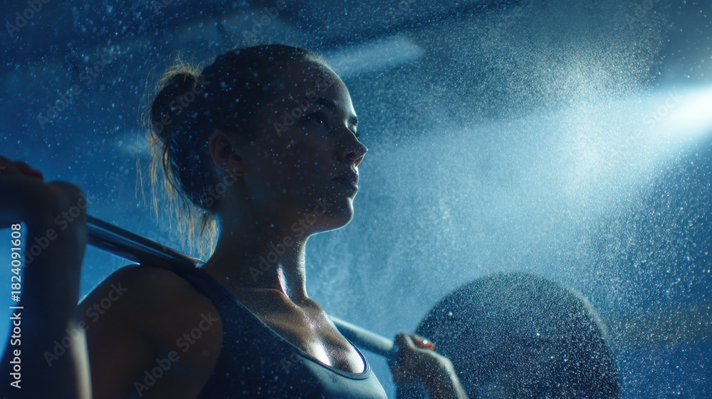 custom made wallpaper toronto digitalDetermined woman lifting weights in gym, surrounded by mist and dramatic lighting, showcasing strength and focus. atmosphere is intense and motivational