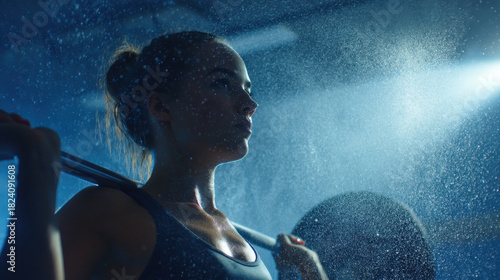 Wallpaper Mural Determined woman lifting weights in gym, surrounded by mist and dramatic lighting, showcasing strength and focus. atmosphere is intense and motivational Torontodigital.ca