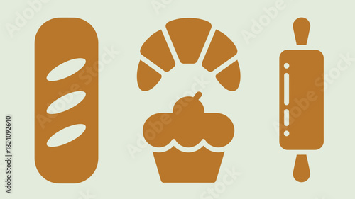 A simple illustration of a baguette, croissant cupcake and rolling pin in a brown color on a light background