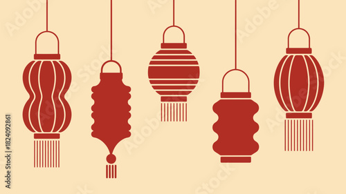 A set of five hanging red lanterns with different shapes on a light beige background in a flat design style