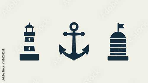 Illustration of a lighthouse, an anchor, and a buoy with a flag on a light beige background