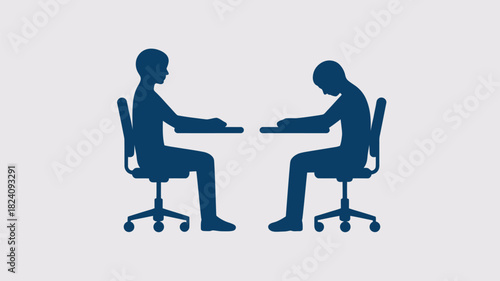 Two silhouettes of people sitting at desks in chairs facing each other in a simple illustration