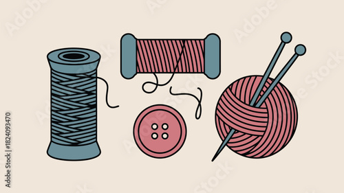 Illustration of sewing kit with thread spools button knitting needles and yarn ball on beige background