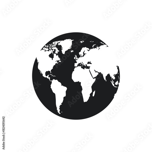 A black and white graphic illustration of the Earth, showing continents and oceans in a simplified, stylized design.
