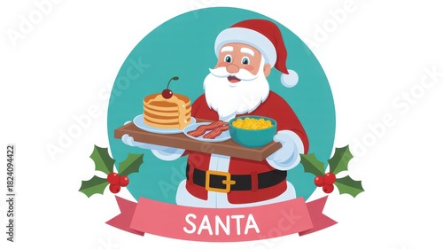 Cartoon illustration of santa claus holding a tray with pancakes, bacon, and eggs for breakfast, isolated on white background