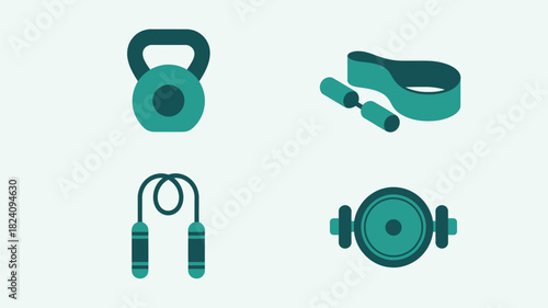 Illustration of kettlebell resistance band jump rope and ab roller in teal color on light background