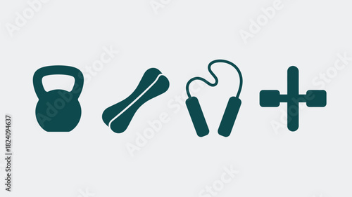 A simple illustration of fitness equipment including a kettlebell jump rope hand grip and dumbbell set up