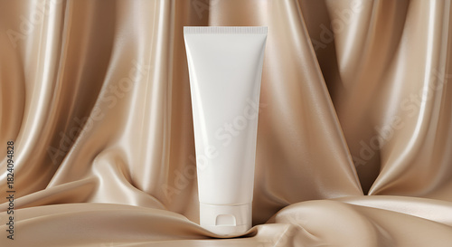 A white cylindrical pedestal stands centered in a rocky, blue-toned canyon under soft, diffused light, creating a serene, minimalist, and otherworldly atmosphere.