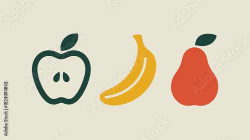 A simple illustration of an apple banana and pear in a row on a light background in a minimalist style