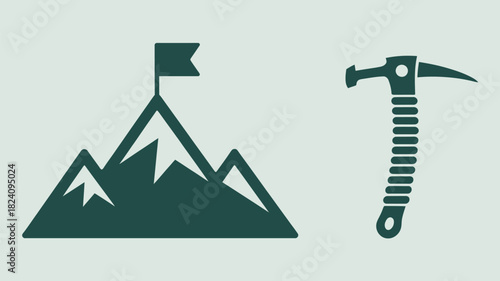 A graphic illustration of a mountain with a flag and an ice axe on a light green background