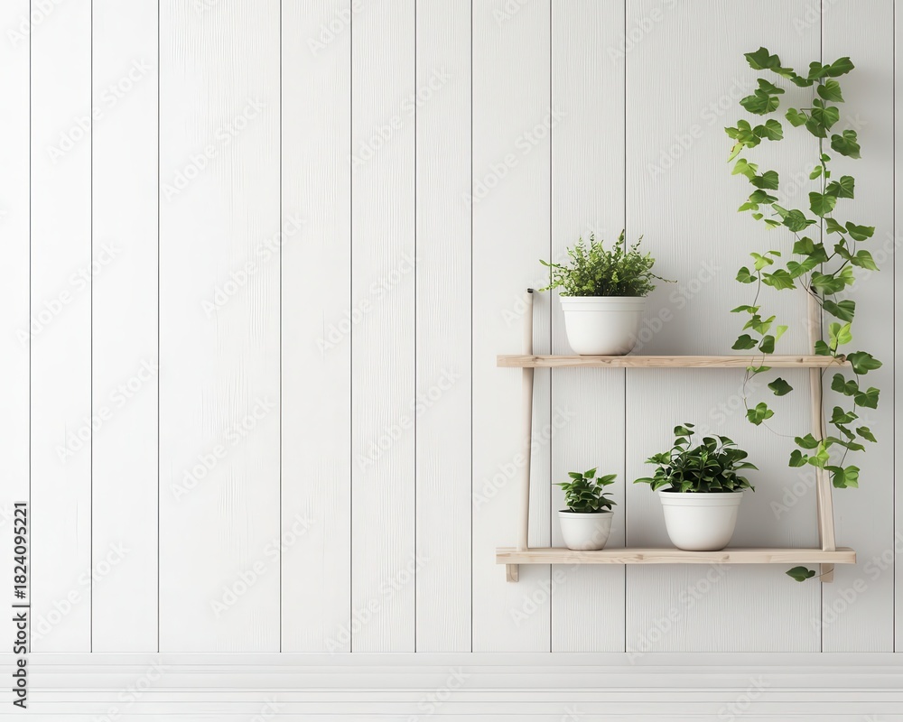 Fototapeta premium Cozy wooden wall with ladder shelf, ceramic pots, and hanging ivy