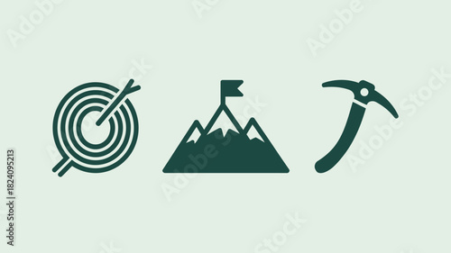 Three icons in a row showing a target with an arrow, mountain with flag, and a pickaxe tool depicted