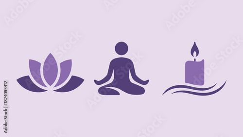 A simple illustration depicting a lotus flower, a meditating figure, and a burning candle in purple