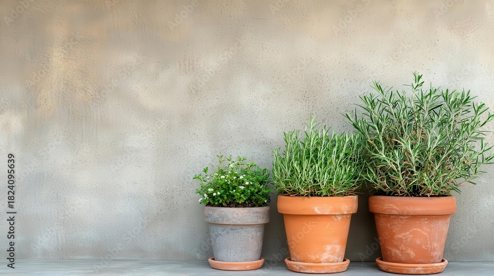 Fototapeta premium Exterior wall with clay pot garden, rustic broom, and weathered wood