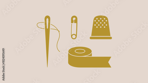 A simple illustration of a sewing kit with a needle thread safety pin thimble and measuring tape