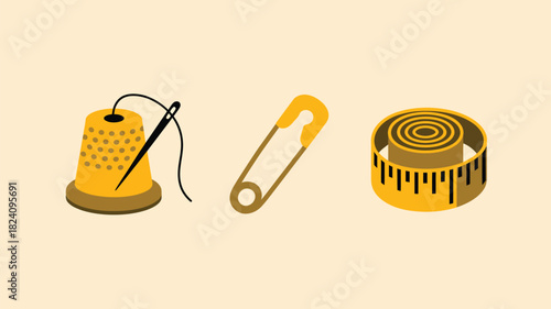 A sewing kit illustration featuring a thimble with needle, safety pin, and measuring tape on beige background