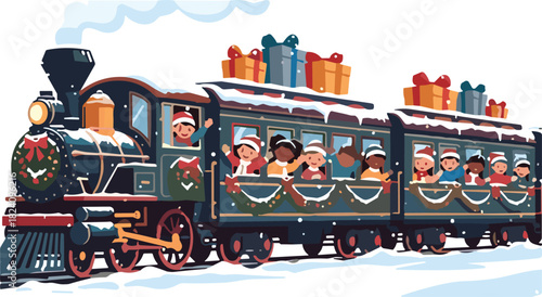 Festive steam train carrying happy diverse children and Christmas gifts on roof traveling through snowy winter landscape vector illustration.