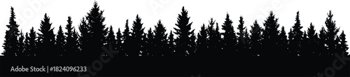 Panoramic black pine forest tree line silhouette vector illustration isolated on white background for nature landscape design projects.