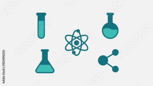 A flat illustration of science lab equipment including test tubes atom and molecule on white background