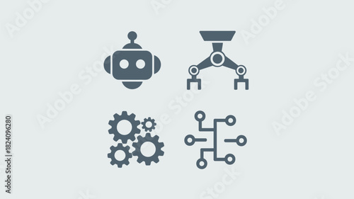 A collection of four distinct icons representing robotics, automation, and technological processes