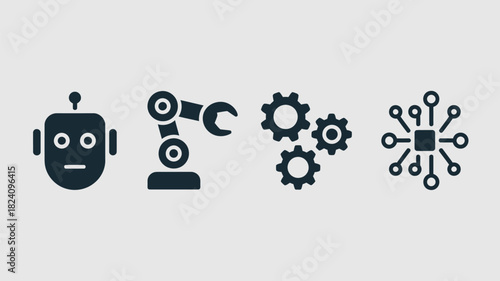 Icons representing automation, including a robot, robotic arm, gears, and a chip connection network