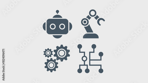 A set of four dark gray icons representing robotics automation and engineering on a light gray background