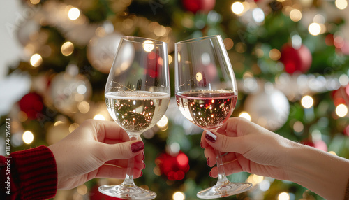 Two Wine Glasses Toasting in Front of Christmas Tree — Festive Celebration Photography