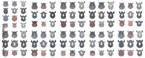 Cute cartoon faces of rhinoceroses and hippopotamuses vector illustration collection on a white background, featuring various expressions for wildlife and kids' design.