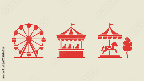 Red carnival icons featuring a ferris wheel game booth carousel and cotton candy on a tan background