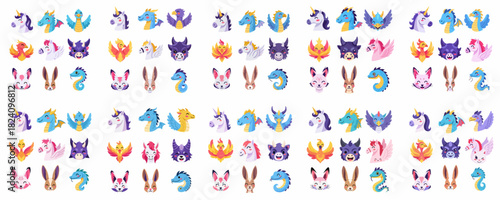 Large collection of cute cartoon mystical creature and animal faces, including unicorns, dragons, phoenixes, and rabbits, set against a white background.