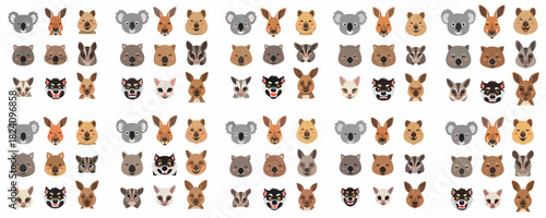 A repeating pattern of cute, cartoon Australian animal faces, including koalas, kangaroos, wombats, quokkas, and Tasmanian devils, isolated on white.