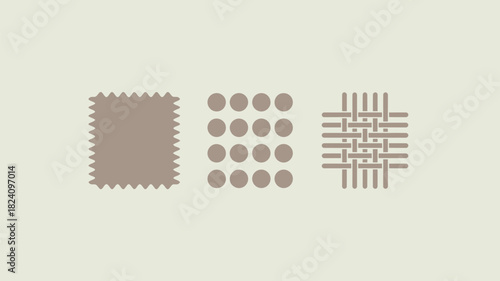 Three abstract designs in a row showing a jagged square a circle grid and a woven pattern on beige