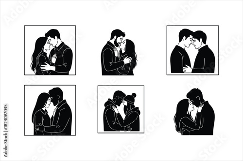 Romantic couples embracing and kissing, white